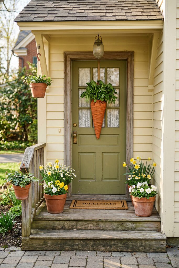 Easter Front Porch Ideas for a Fresh Spring Entry 6 Sage green front door with a carrot door hanger terracotta flower pots and a welcome mat on a sunny porch