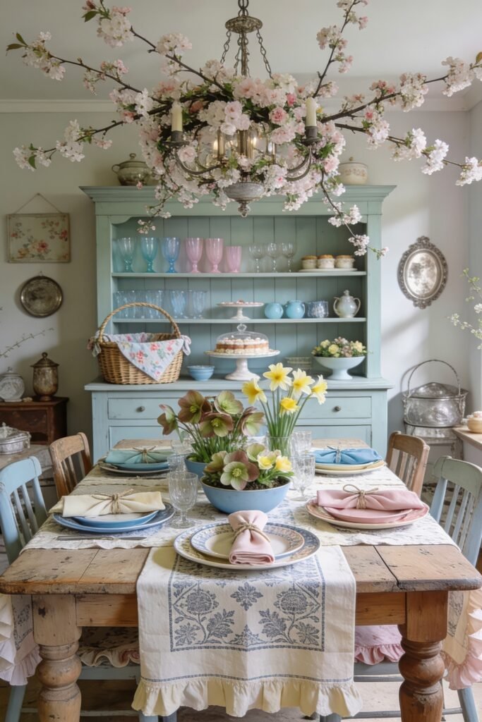 Vintage dining room with blossom covered chandelier pastel place settings spring flowers and a blue hutch styled for Easter brunch