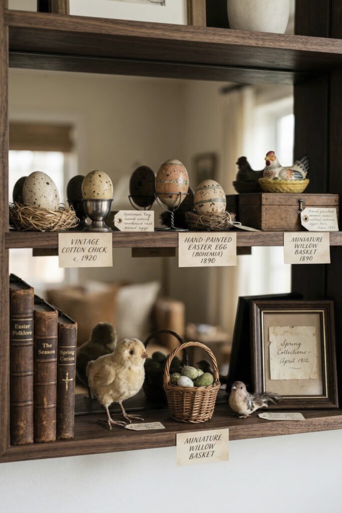Antique shelf arrangement with hand painted eggs miniature baskets books and chick figures styled like a vintage Easter collection