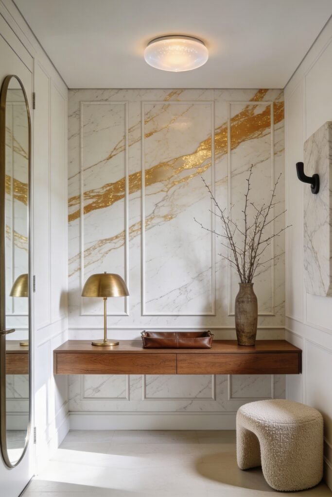 Calacatta Gold Marble Ideas For A Beautiful Apartment 7 Elegant hallway with a floating wood console against a white and gold marble panel wall featuring a brass lamp tall vase and boucle stool