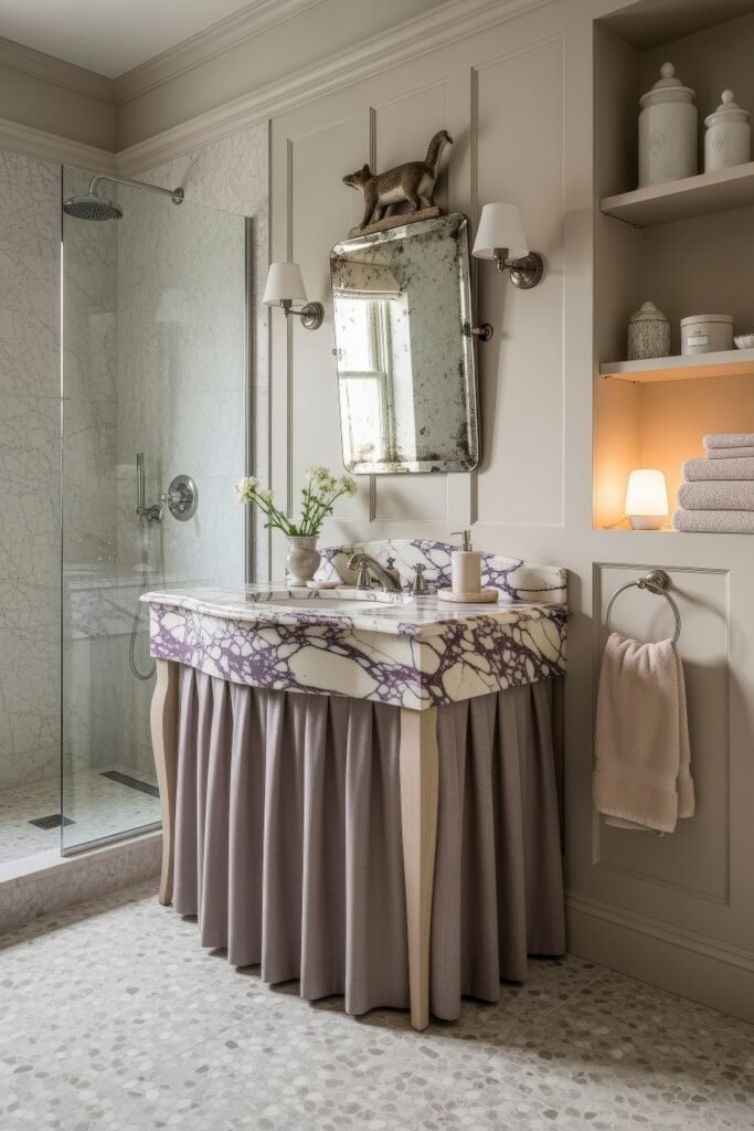 Calacatta Viola Bathroom Ideas for a Richer Look 7 Soft gray bathroom with Calacatta Viola marble sink skirted vanity antique mirror and lit shelving beside a glass shower enclosure