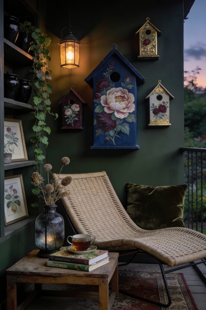 Cute Birdhouse Painting Ideas for Charming Outdoor Style 7 Dark cozy balcony at dusk with floral birdhouses wicker chaise lounge glowing wall lantern tea cup and botanical prints