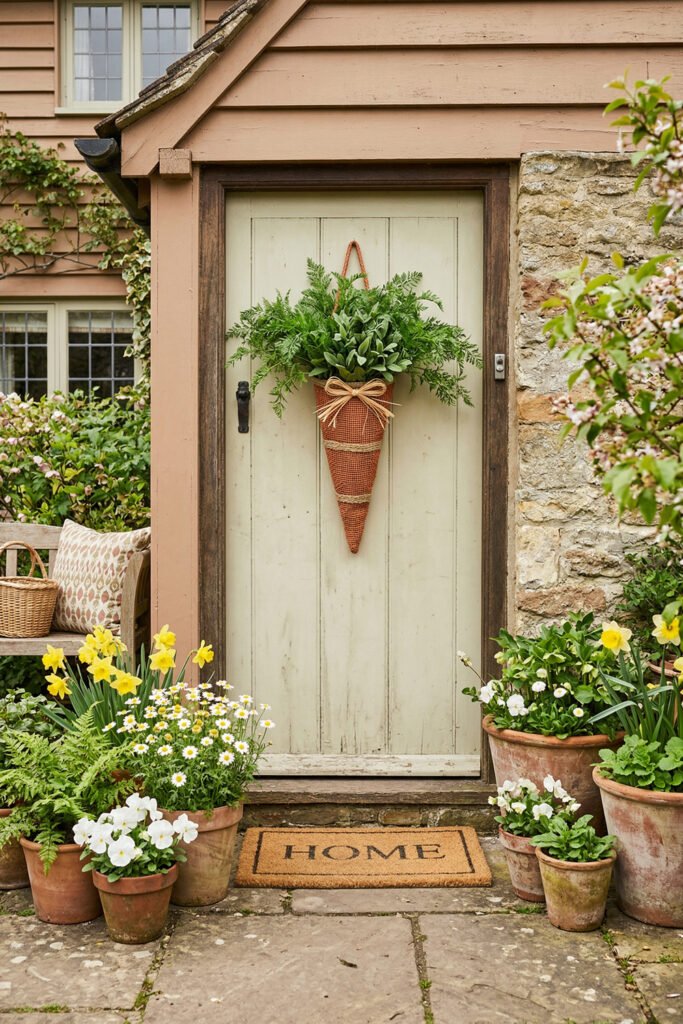 Easter Front Porch Ideas for a Fresh Spring Entry 7 Cream cottage door with a hanging carrot arrangement surrounded by terracotta pots of daffodils daisies and white pansies