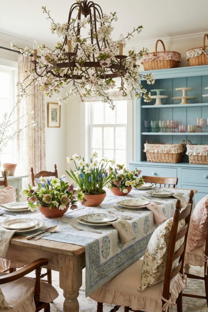 Rustic dining room with blossom decorated chandelier spring floral centerpieces patterned linens and a blue hutch with wicker baskets