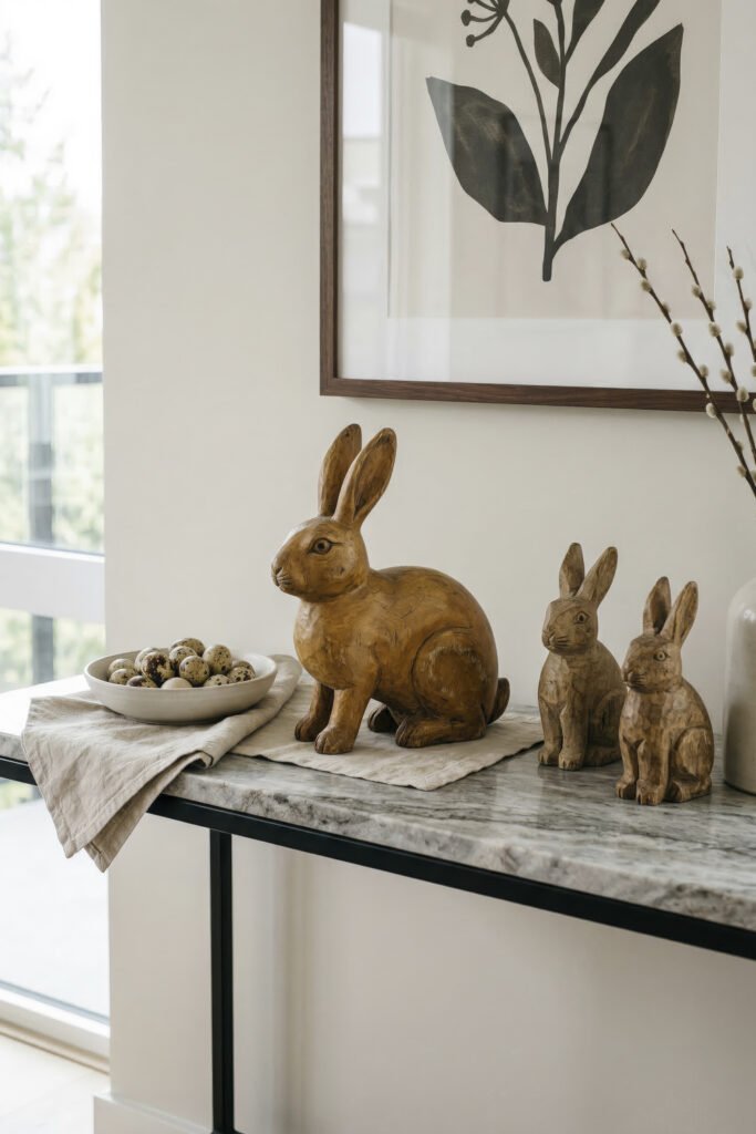 Three carved wooden rabbit statues sit on a marble console table beside a bowl of speckled eggs beneath framed botanical art