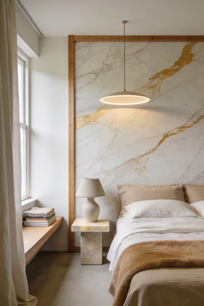 Calacatta Gold Marble Ideas For A Beautiful Apartment 8 Serene bedroom with a bed and marble side table against a white and gold veined stone accent wall with soft daylight and warm wood trim