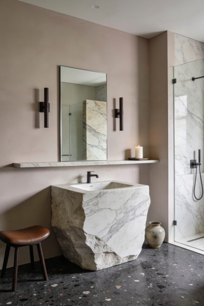 Calacatta Viola Bathroom Ideas for a Richer Look 8 Minimalist bathroom with sculptural marble pedestal sink floating shelf and black sconces beside a glass shower and terrazzo floor