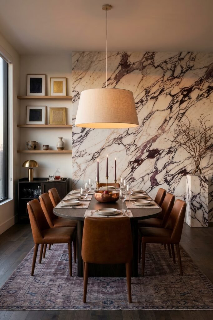 Refined dining room with a long wood table leather chairs and a large pendant before a veined marble feature wall