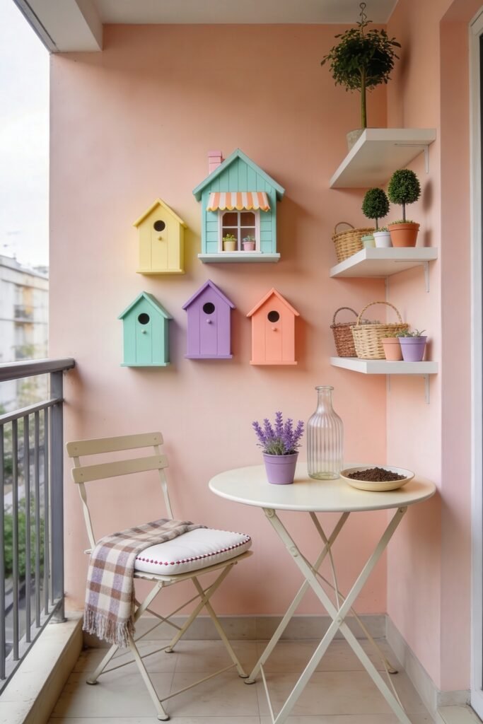 Cute Birdhouse Painting Ideas for Charming Outdoor Style 8 Soft pink balcony with pastel birdhouses white bistro table folding chair wall shelves and small potted plants