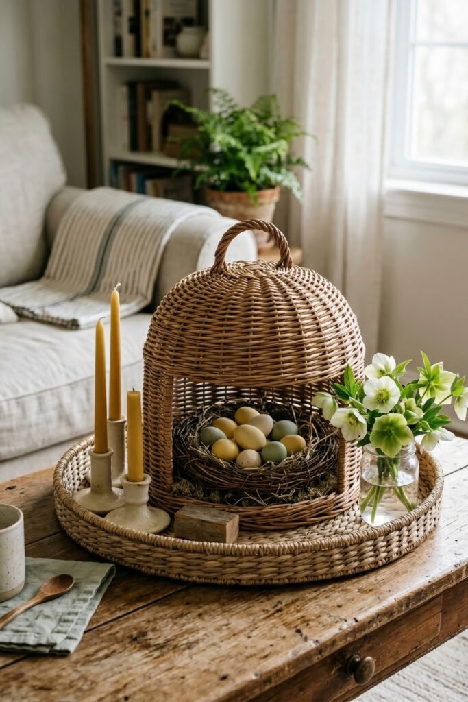 Wicker cloche covering a nest of pastel eggs with candles and white flowers on a woven tray in a cozy living room