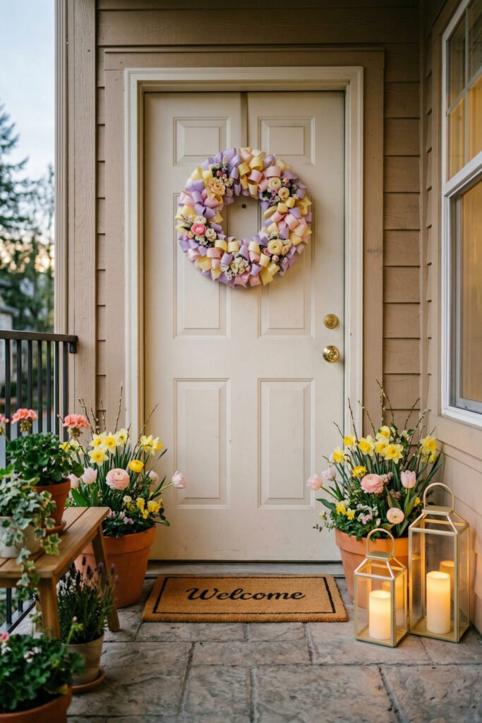 Easter Front Porch Ideas for a Fresh Spring Entry 9 White front door with a pastel ribbon wreath spring planters glowing lanterns and a welcome mat at dusk