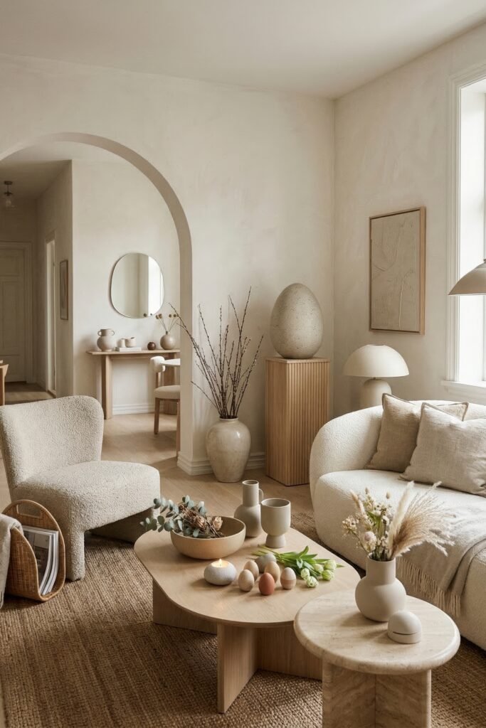 Neutral living room with curved bouclé seating ceramic decor pastel eggs tulips and soft spring styling on layered wood and stone tables