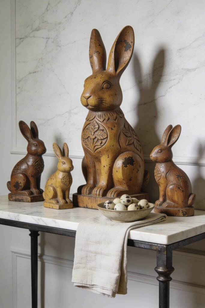 Four carved wooden rabbit figures on a marble console surround a bowl of speckled eggs against a pale stone wall