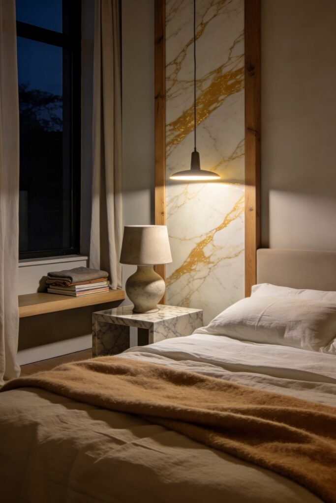 Calacatta Gold Marble Ideas For A Beautiful Apartment 9 Cozy bedroom at night with a glowing pendant above a marble side table against a white and gold stone wall beside a neatly made bed