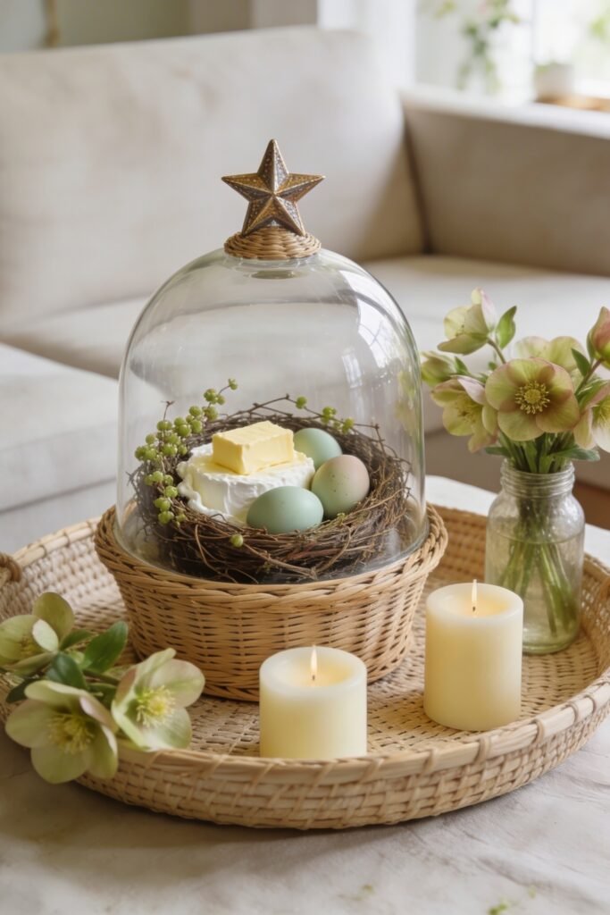 Glass cloche over a rustic nest with pastel eggs and soft spring flowers beside glowing candles on a woven tray