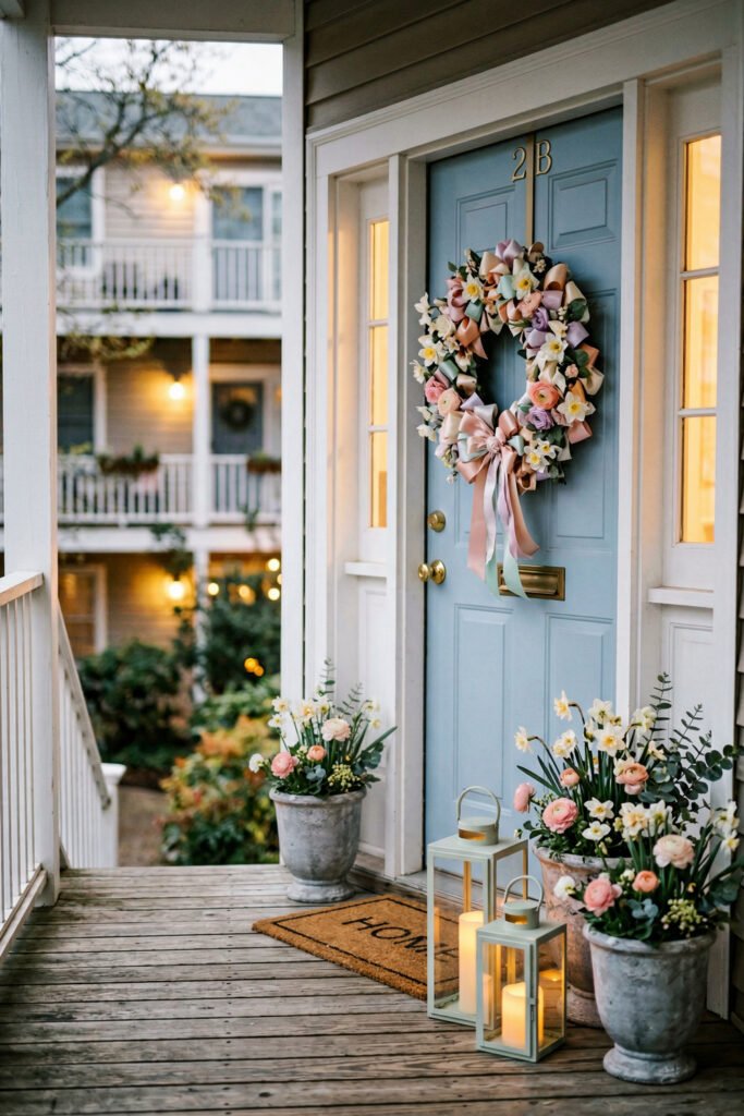 Easter Front Porch Ideas for a Fresh Spring Entry 10 Blue front door with a pastel floral wreath spring planters and glowing lanterns on a porch at dusk