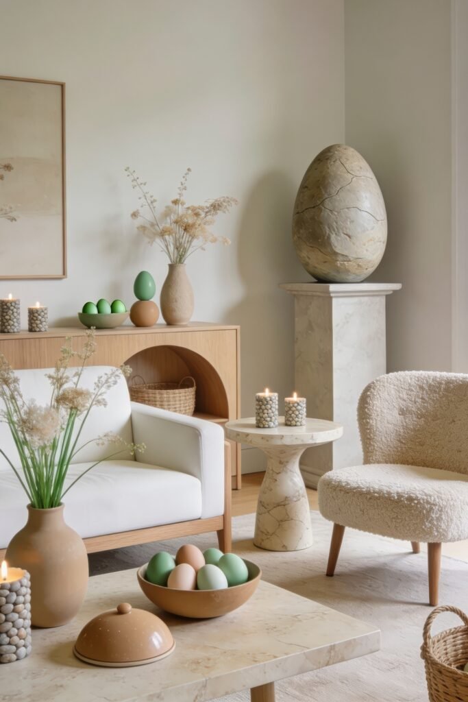Minimal spring living room with marble and wood furniture pastel eggs pebble candles dried flowers and a large stone egg sculpture