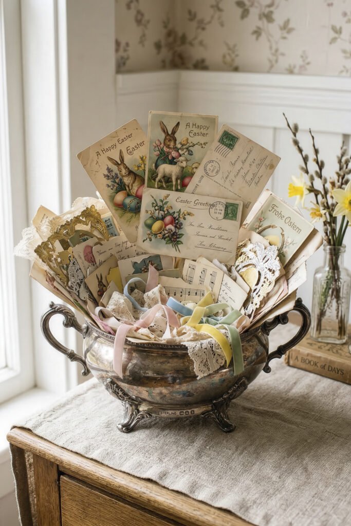 Vintage Easter postcards lace trims and pastel ribbons arranged in an ornate silver bowl beside spring flowers on a sunlit table