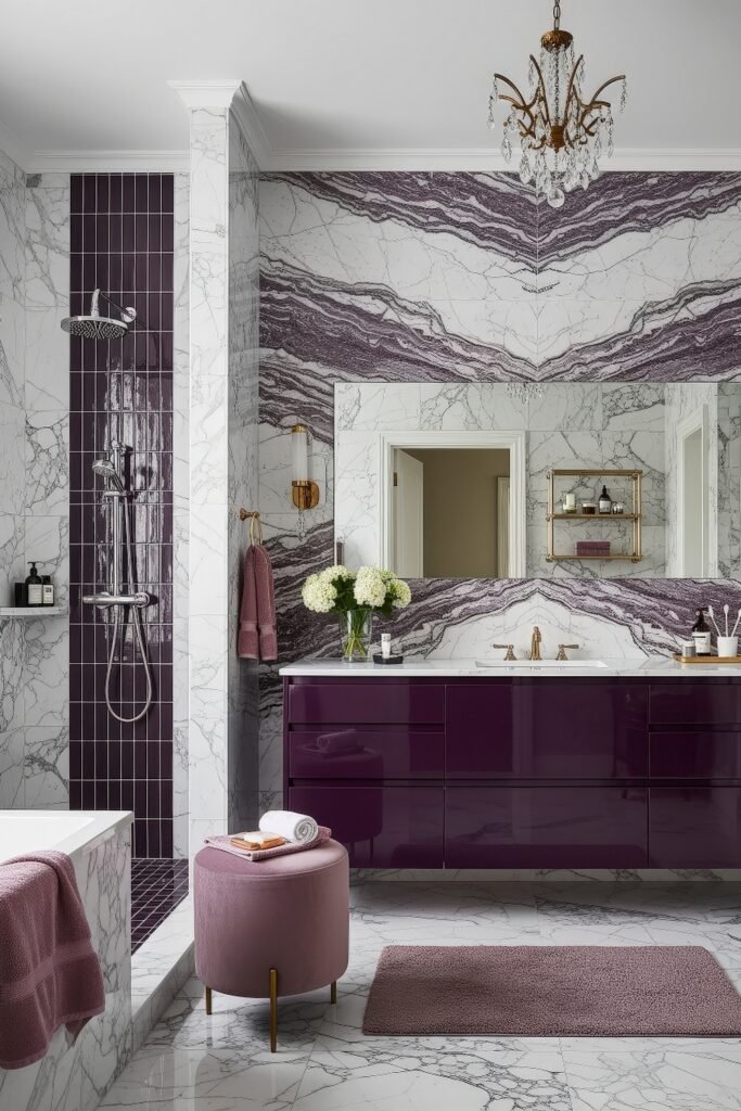 Calacatta Viola Bathroom Ideas for a Richer Look 10 Glam bathroom with glossy plum vanity and bookmatched Calacatta Viola marble wall featuring a chandelier pink stool and marble shower