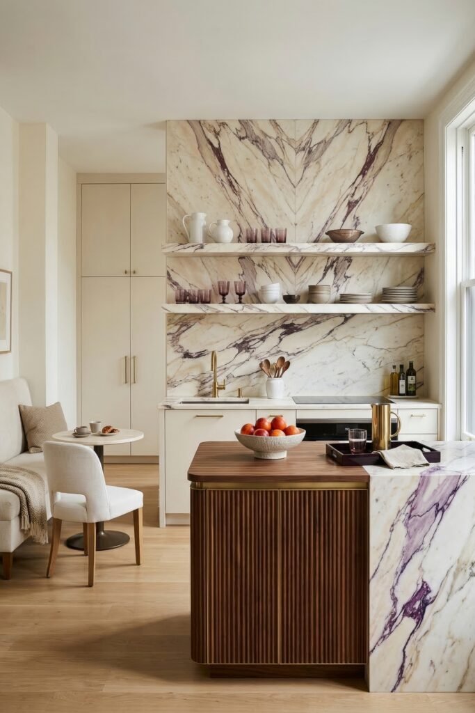 Bright kitchen with open marble shelves a veined stone backsplash and island with warm wood and brass details