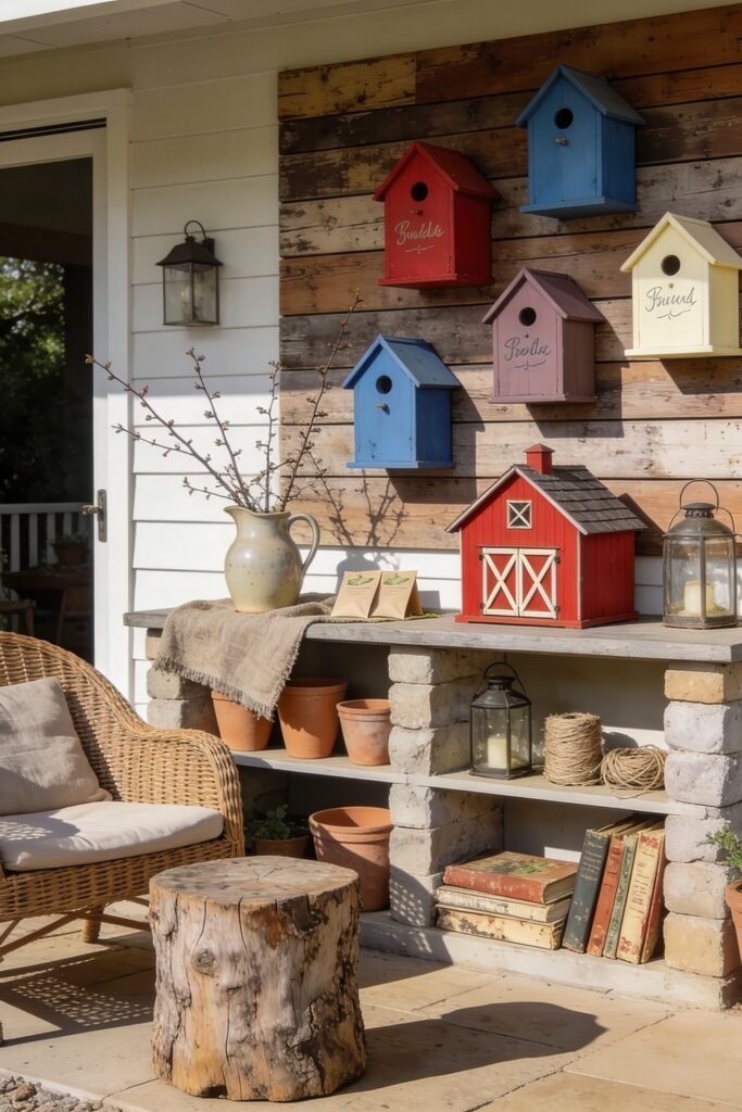 Cute Birdhouse Painting Ideas for Charming Outdoor Style 9 Rustic porch with colorful birdhouses on a wood plank wall beside a bench red barn decor lanterns and gardening items