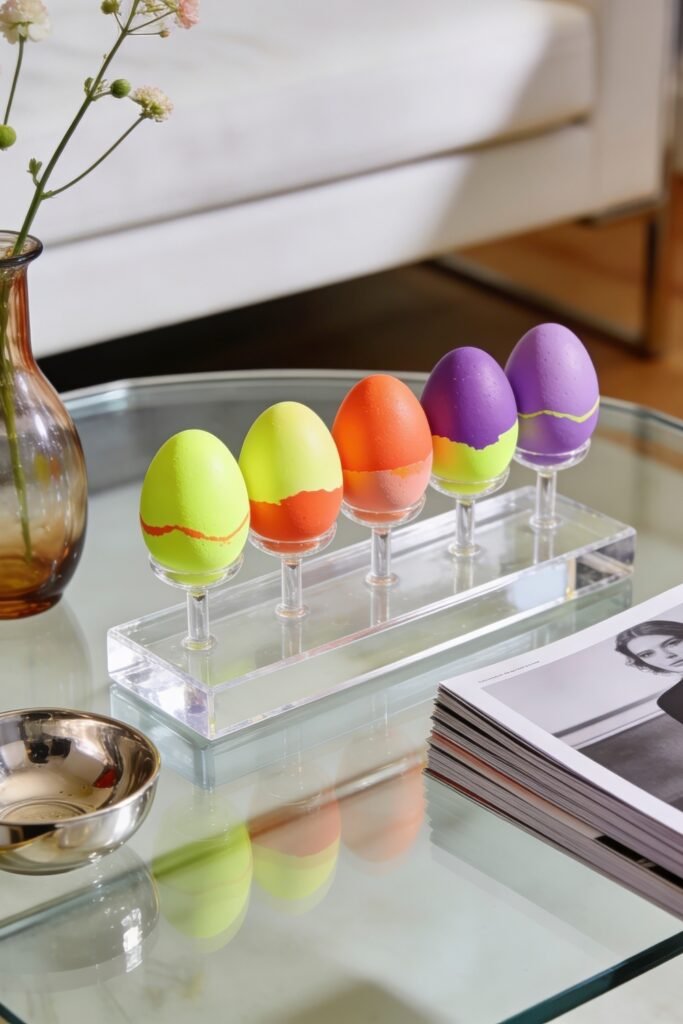 Bright painted eggs in neon green orange and purple displayed on clear stands on a glass coffee table