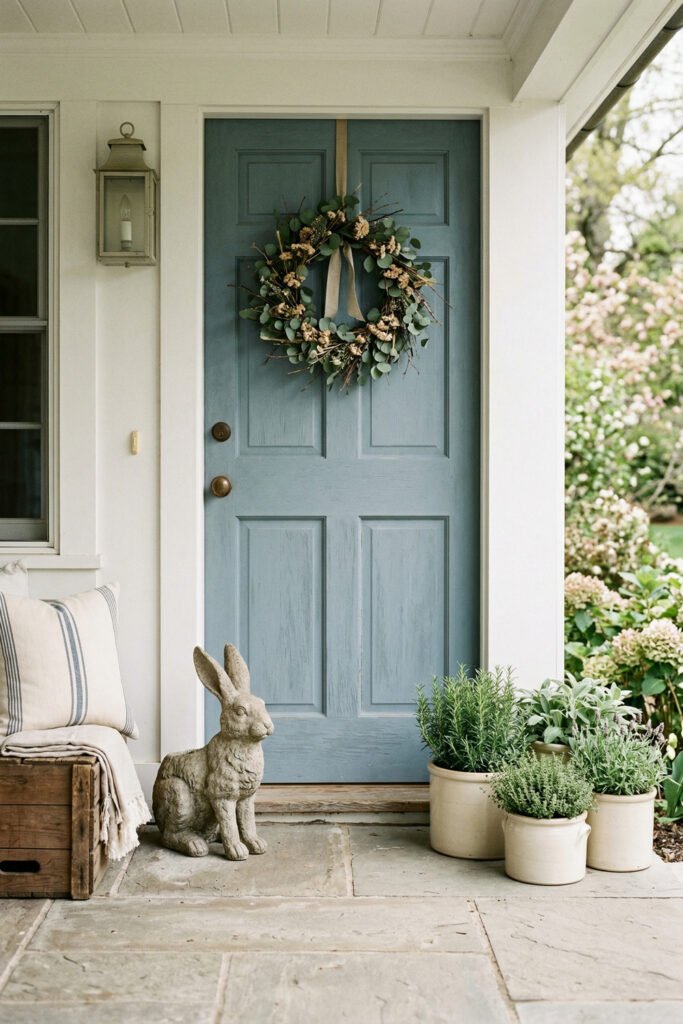 Easter Front Porch Ideas for a Fresh Spring Entry 11 Blue front door with a eucalyptus wreath stone rabbit statue and potted herbs beside a rustic porch bench
