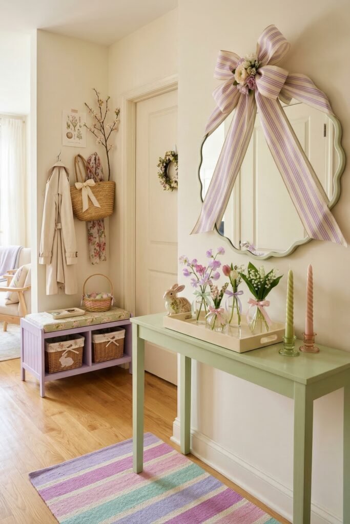Pastel entryway with striped bow mirror mint console spring flowers bunny decor and a lavender striped rug for Easter styling