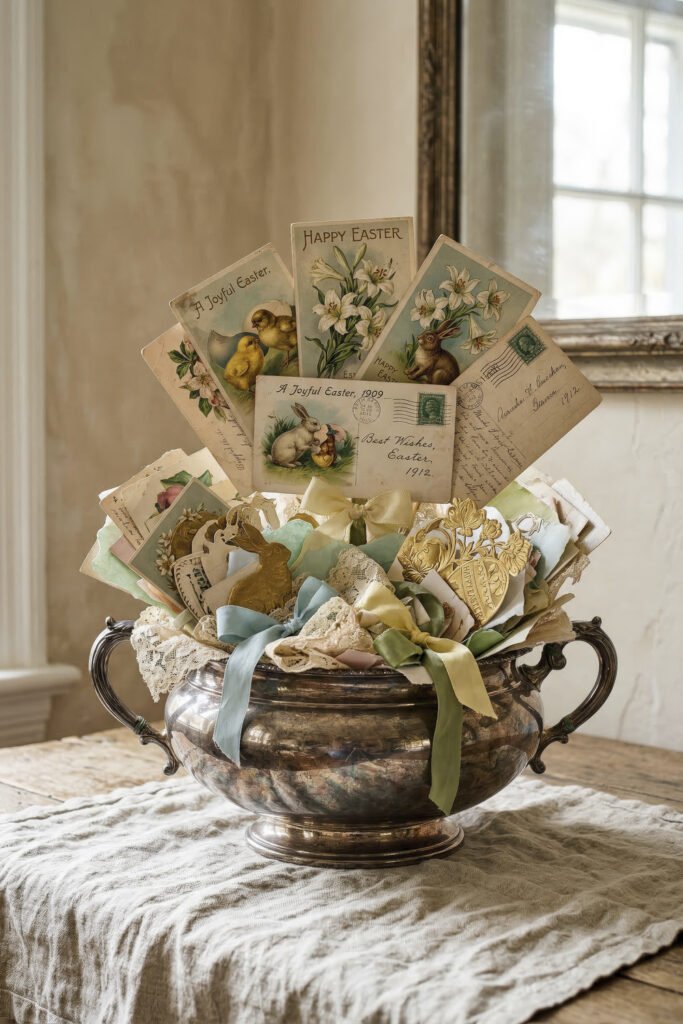 Antique silver bowl filled with vintage Easter postcards lace paper cutouts and silk ribbons on a linen covered table