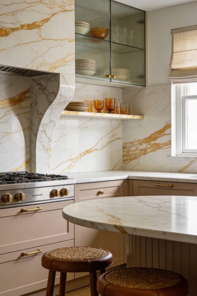 Calacatta Gold Marble Ideas For A Beautiful Apartment 11 Soft neutral kitchen with white and gold marble walls featuring ribbed glass cabinets brass hardware and woven counter stools