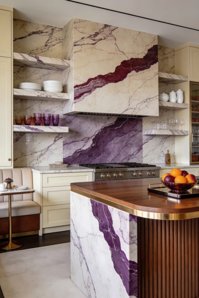 Elegant kitchen with cream cabinetry open marble shelves and a wood topped island framed by bold purple veined stone
