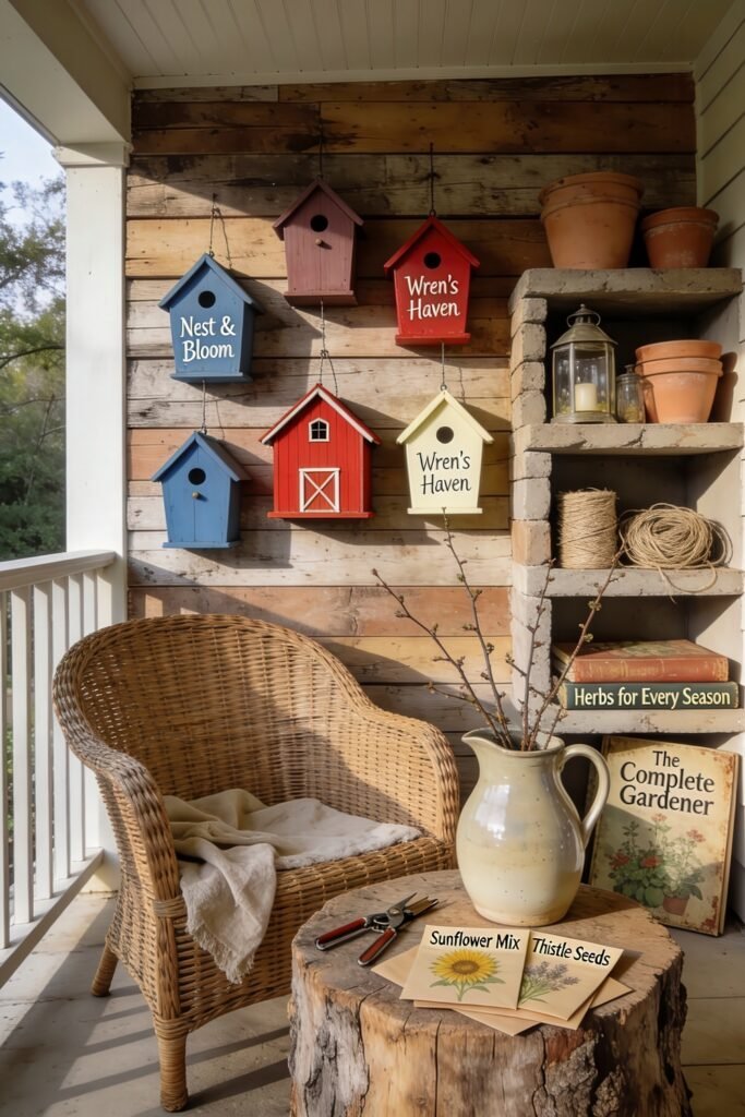Cute Birdhouse Painting Ideas for Charming Outdoor Style 10 Rustic porch with labeled birdhouses on a wood wall wicker chair stump table seed packets and stacked gardening books