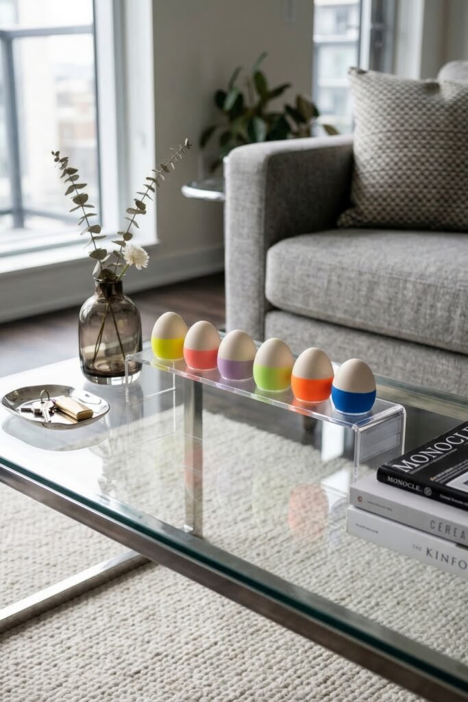 Pastel dipped eggs lined on a clear acrylic stand on a glass coffee table beside a small vase and magazines