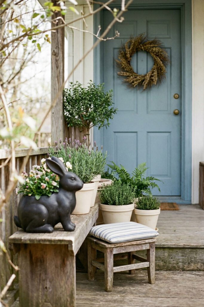 Easter Front Porch Ideas for a Fresh Spring Entry 12 Light blue front door with a twig wreath black rabbit planter and potted herbs on a rustic wooden porch
