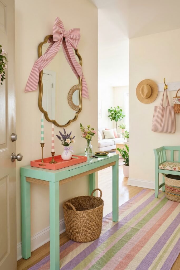 Cheerful entryway with pink bow mirror mint console pastel candles spring flowers and a striped rug with woven baskets