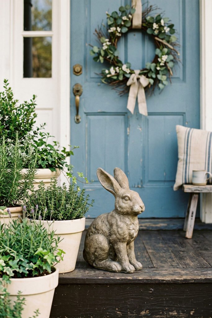 Easter Front Porch Ideas for a Fresh Spring Entry 13 Weathered blue front door with a eucalyptus wreath stone rabbit statue and potted herbs on a wooden porch