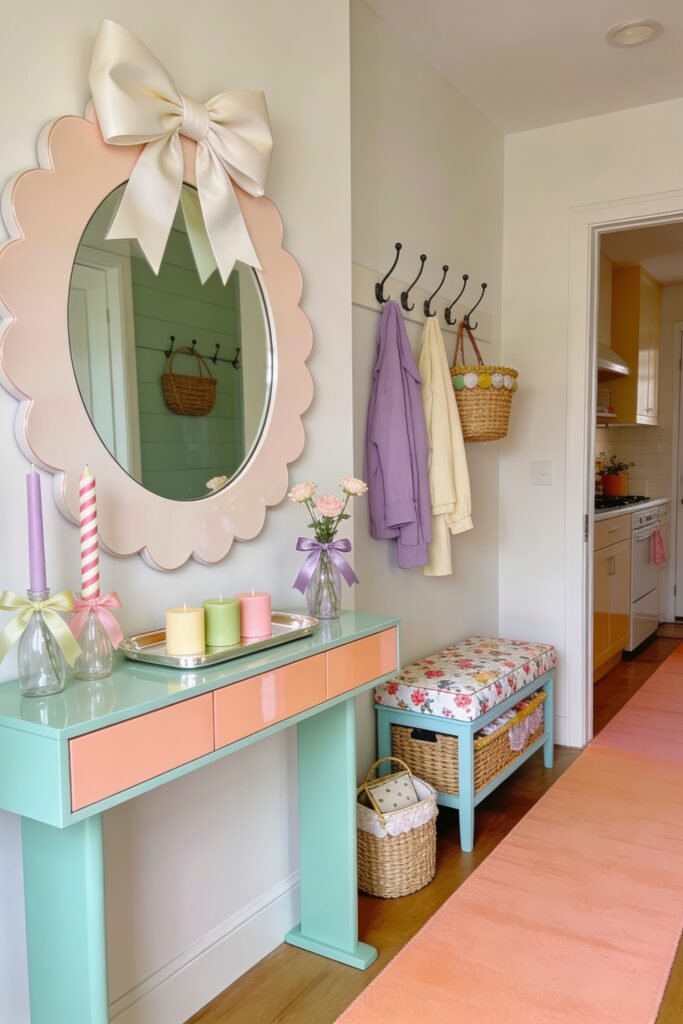 Candy colored hallway with scalloped mirror oversized bow pastel candles floral bench and woven baskets for playful Easter decor
