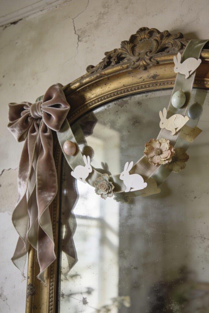 Velvet ribbon garland with white bunny cutouts pastel eggs and dried flowers draped across an ornate antique mirror