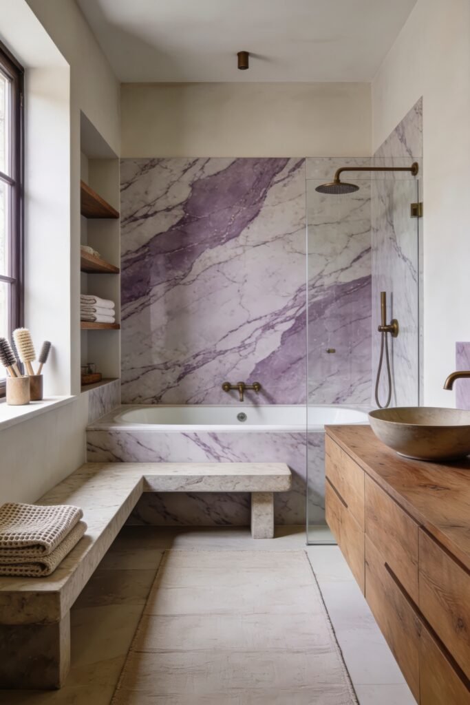 Calacatta Viola Bathroom Ideas for a Richer Look 12 Bright bathroom with lilac veined marble tub surround glass shower screen and warm wood vanity beside built in shelving and stone bench