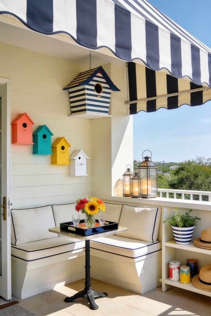 Cute Birdhouse Painting Ideas for Charming Outdoor Style 11 Sunny balcony with navy striped awning colorful birdhouses white corner bench lanterns and a small table topped with bright flowers
