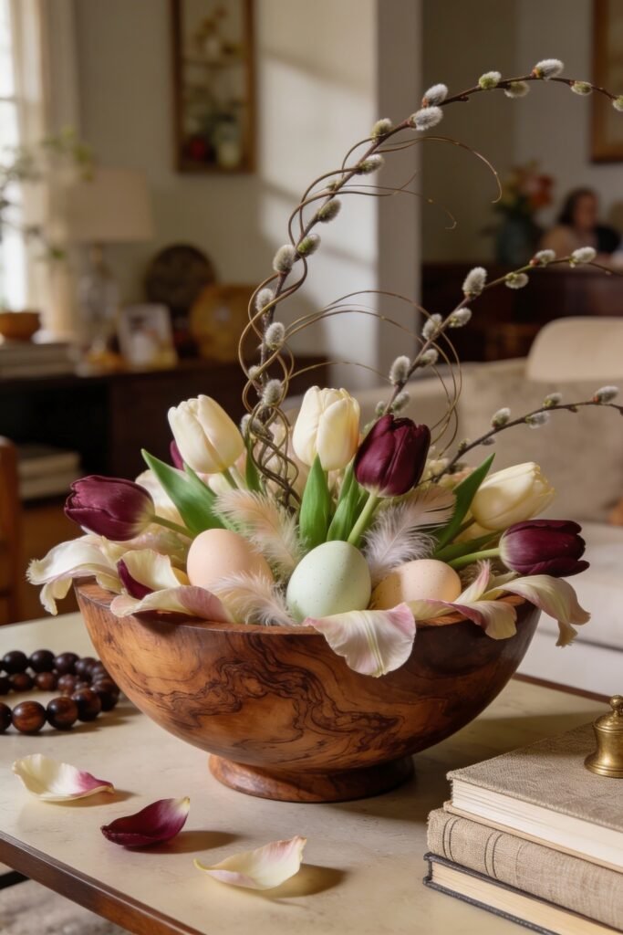 Rustic wooden bowl filled with tulips feathers pastel eggs and curly pussy willow branches on a warm living room table