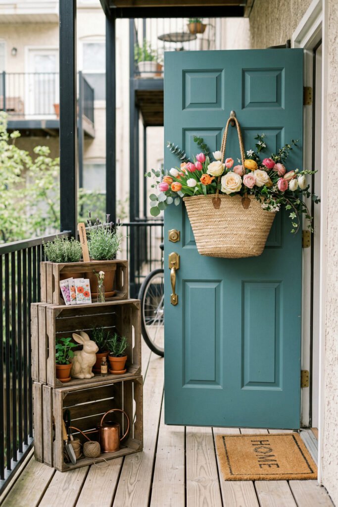 Easter Front Porch Ideas for a Fresh Spring Entry 14 Teal front door with a hanging basket of spring flowers beside stacked garden crates and a home doormat