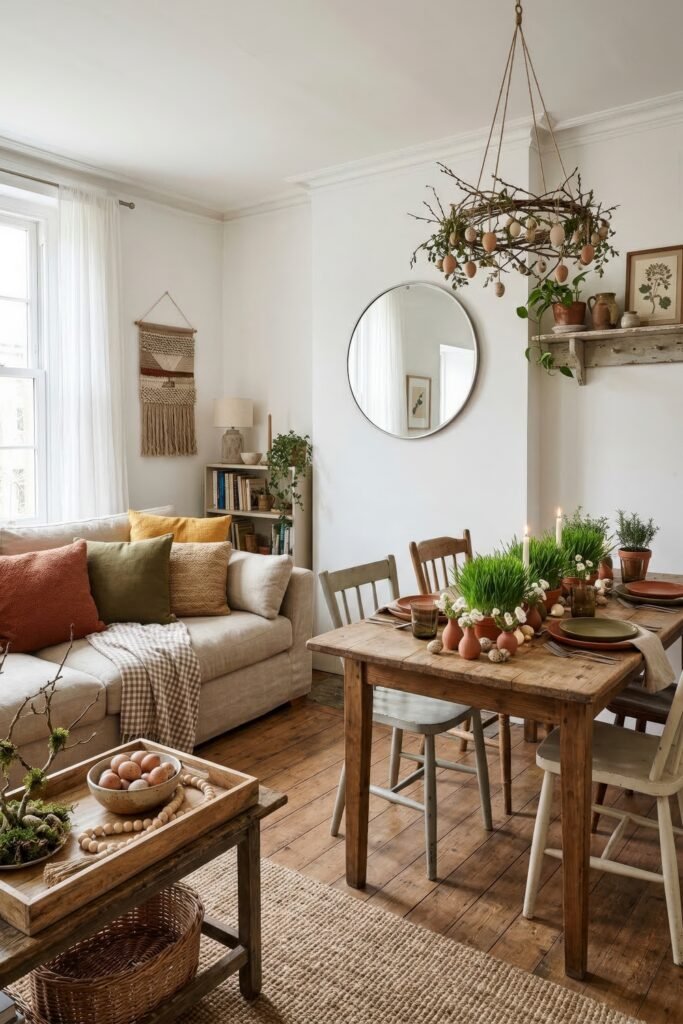 Rustic dining nook with egg wreath chandelier potted grass centerpieces brown eggs and warm spring accents beside a cozy sofa