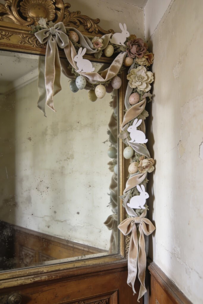 Antique gold mirror trimmed with velvet bows white bunny cutouts pastel eggs and faded flowers in a soft Easter garland