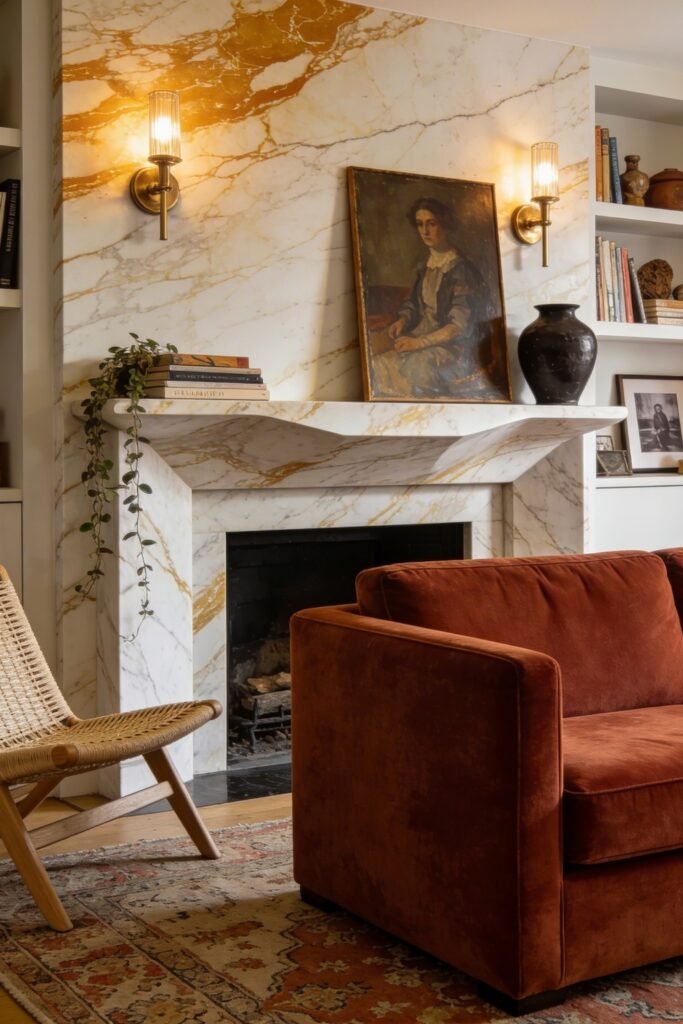 Calacatta Gold Marble Ideas For A Beautiful Apartment 13 Elegant living room with a white and gold marble fireplace featuring brass sconces a portrait painting trailing plant and rust velvet sofa