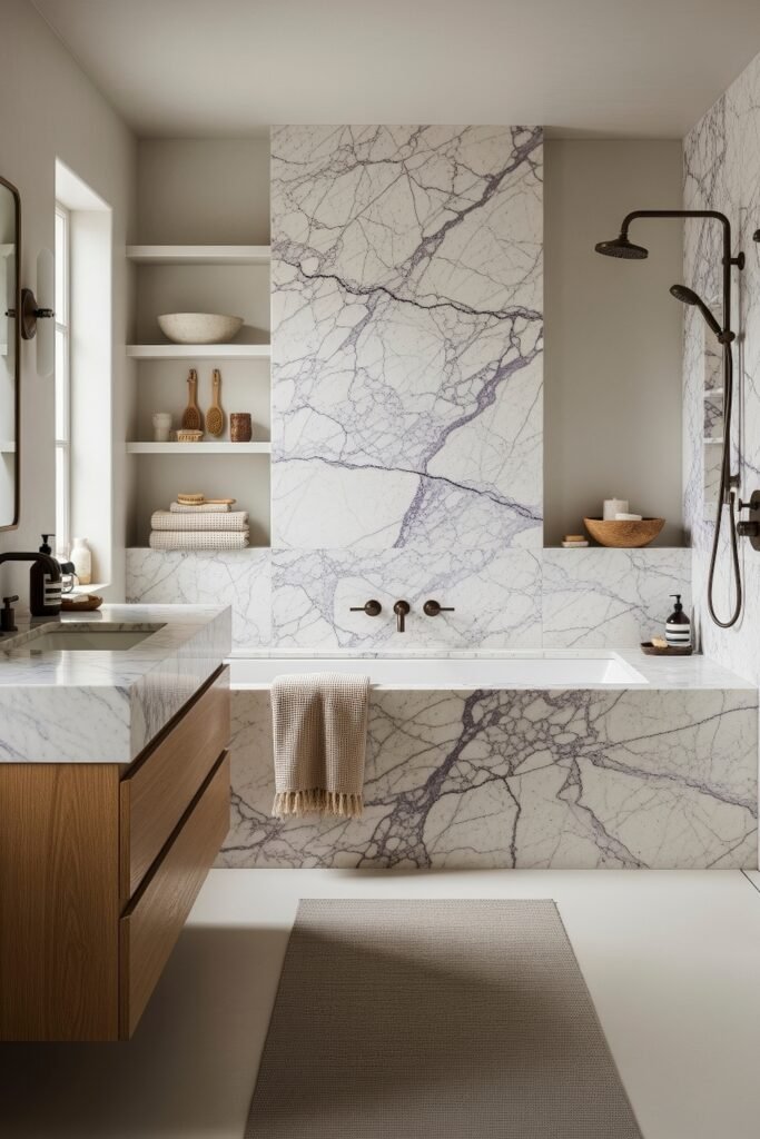Calacatta Viola Bathroom Ideas for a Richer Look 13 Minimal bathroom with built in marble tub and matching shower surround featuring soft violet veining and open shelving with wood vanity