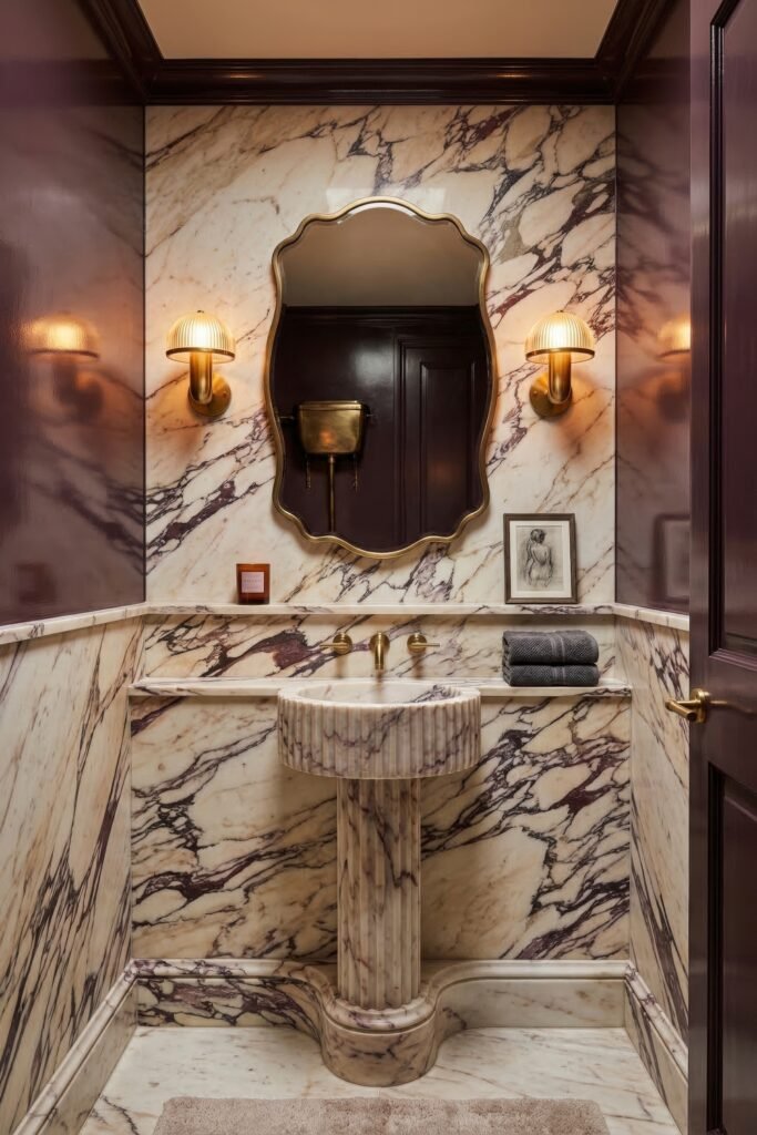 Compact marble powder room with a fluted pedestal sink brass sconces and a scalloped mirror against glossy plum walls