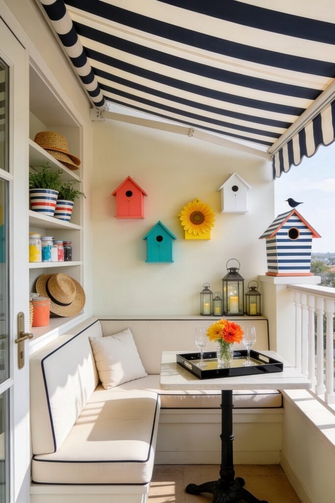 Cute Birdhouse Painting Ideas for Charming Outdoor Style 12 Covered balcony with striped awning white bench seating colorful birdhouses glowing lanterns and a tray of flowers on a small table