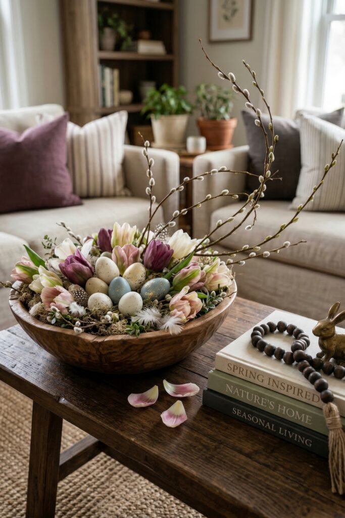 Spring centerpiece with pastel tulips speckled eggs feathers and pussy willow branches arranged in a wooden bowl on a coffee table