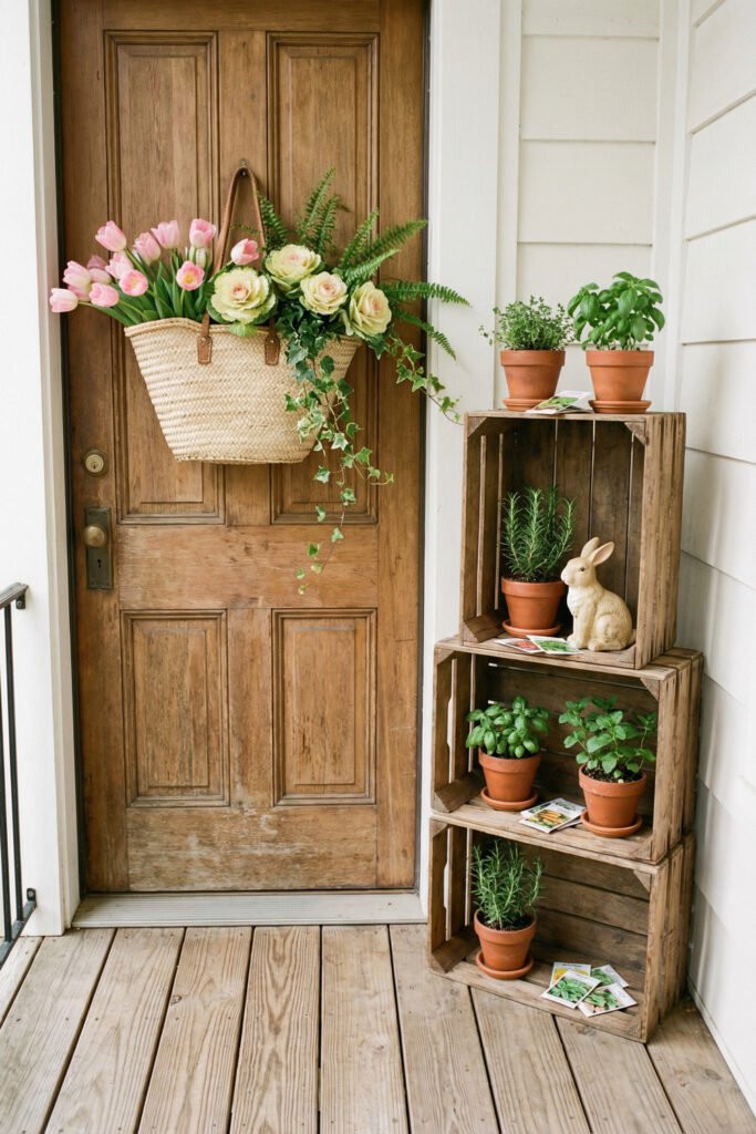 Easter Front Porch Ideas for a Fresh Spring Entry 15 Wood front door with a hanging flower basket and stacked crates displaying potted herbs and a rabbit figurine